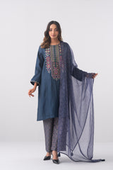 Smart Fit Embroidered Three-Piece Ethnic Set with Organza Dupatta