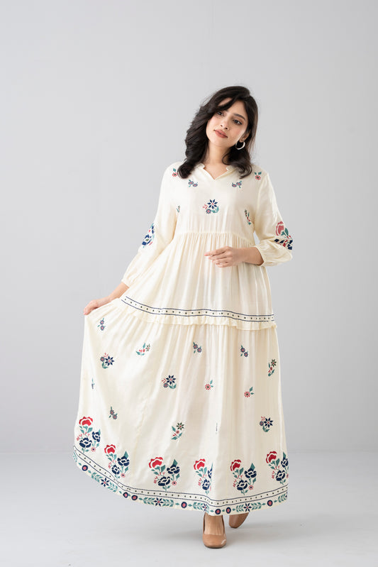 Floral Embroidered Jacquard Long Dress