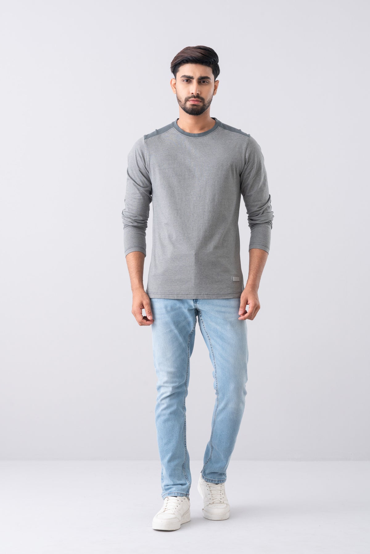 Regular Fit Long Sleeve Micro Stripe Elbow Patch T-Shirt