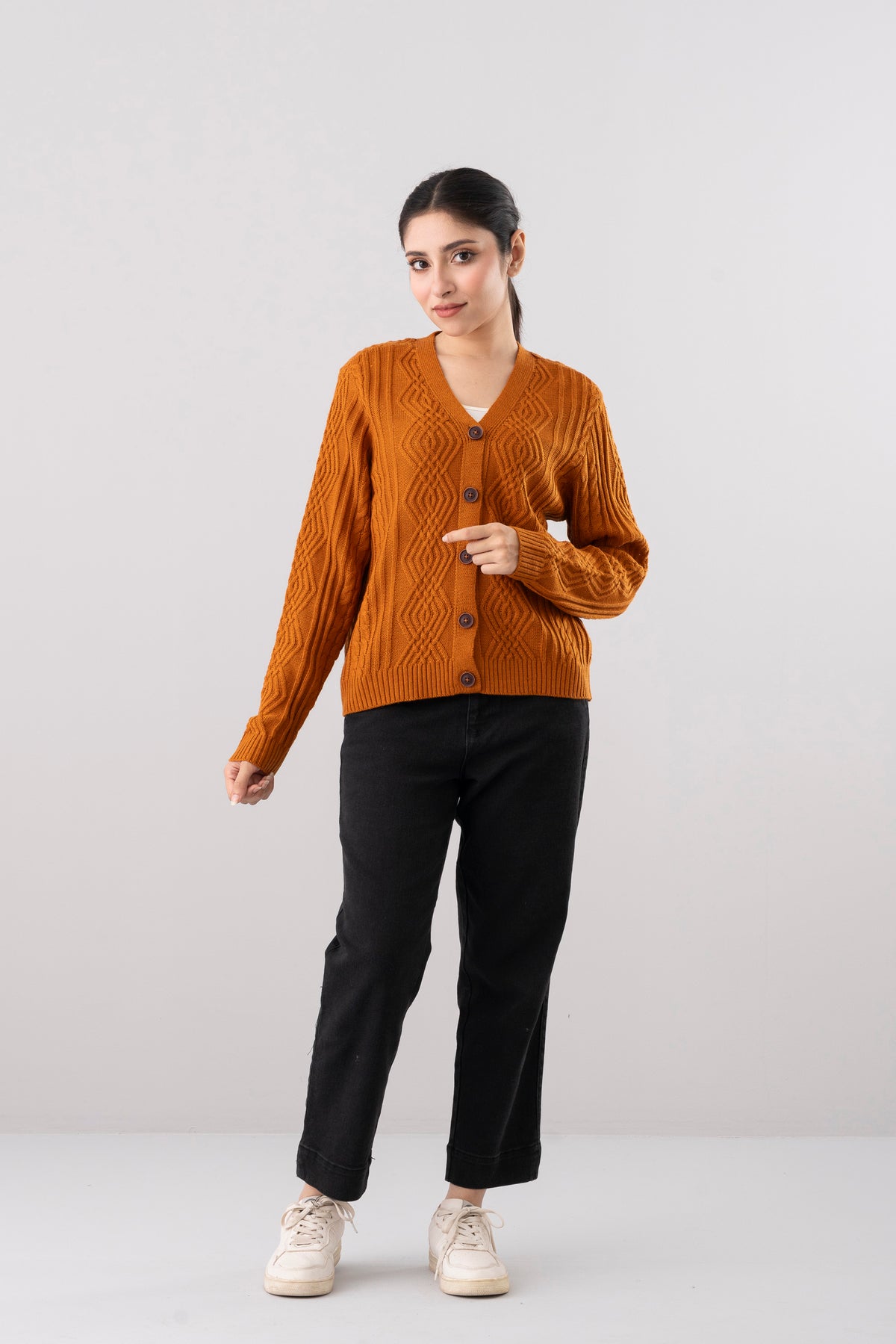 Boxy Fit Full Sleeve Cable Jacquard Cardigan