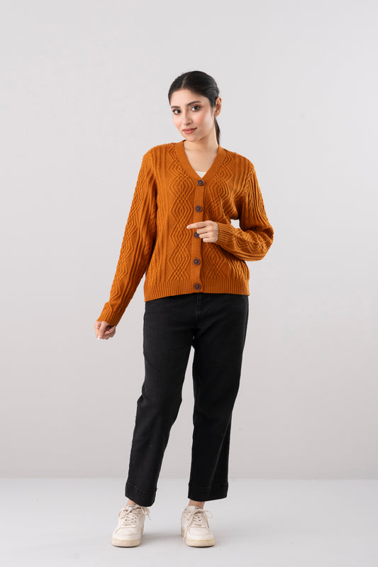 Boxy Fit Full Sleeve Cable Jacquard Cardigan