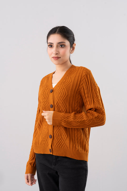 Boxy Fit Full Sleeve Cable Jacquard Cardigan