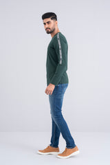 Full-Sleeve Cotton T-Shirt with Printed Tape at Sleeves