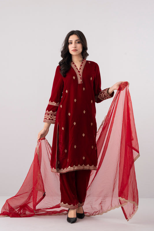 Smart Fit Embroidered Three-Piece Velvet Ethnic Set with Organza Dupatta