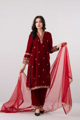 Smart Fit Embroidered Three-Piece Velvet Ethnic Set with Organza Dupatta