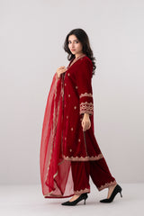 Smart Fit Embroidered Three-Piece Velvet Ethnic Set with Organza Dupatta