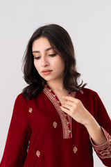 Smart Fit Embroidered Three-Piece Velvet Ethnic Set with Organza Dupatta