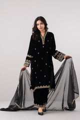 Smart Fit Embroidered Three-Piece Velvet Ethnic Set with Organza Dupatta