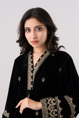 Smart Fit Embroidered Three-Piece Velvet Ethnic Set with Organza Dupatta