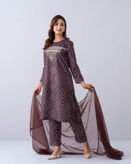 Smart Fit Embroidered Three-Piece Semi-Formal Ethnic Set with Organza Dupatta