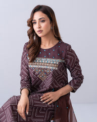 Smart Fit Embroidered Three-Piece Semi-Formal Ethnic Set with Organza Dupatta