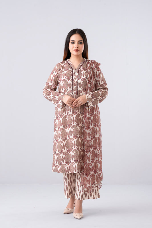 Relaxed Fit Digital Printed Three-Piece Lawn with Chiffon Dupatta