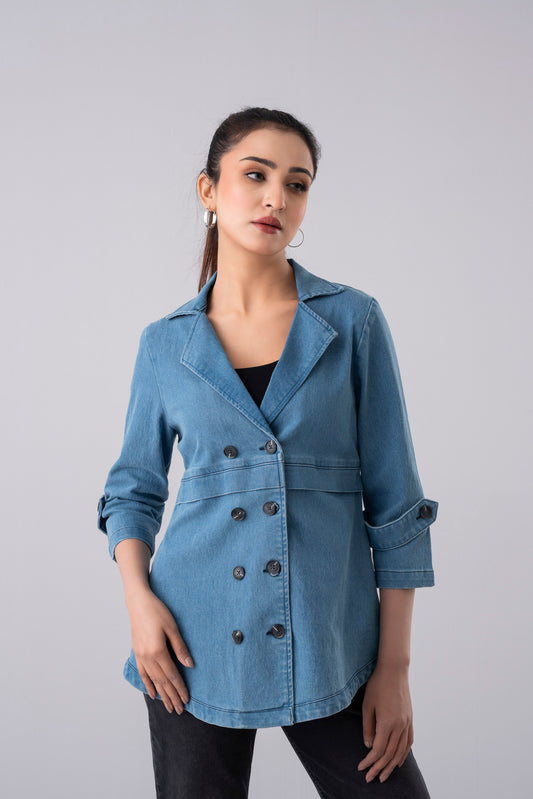 Double-Breasted Mid-Washed Denim Jacket