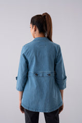 Double-Breasted Mid-Washed Denim Jacket