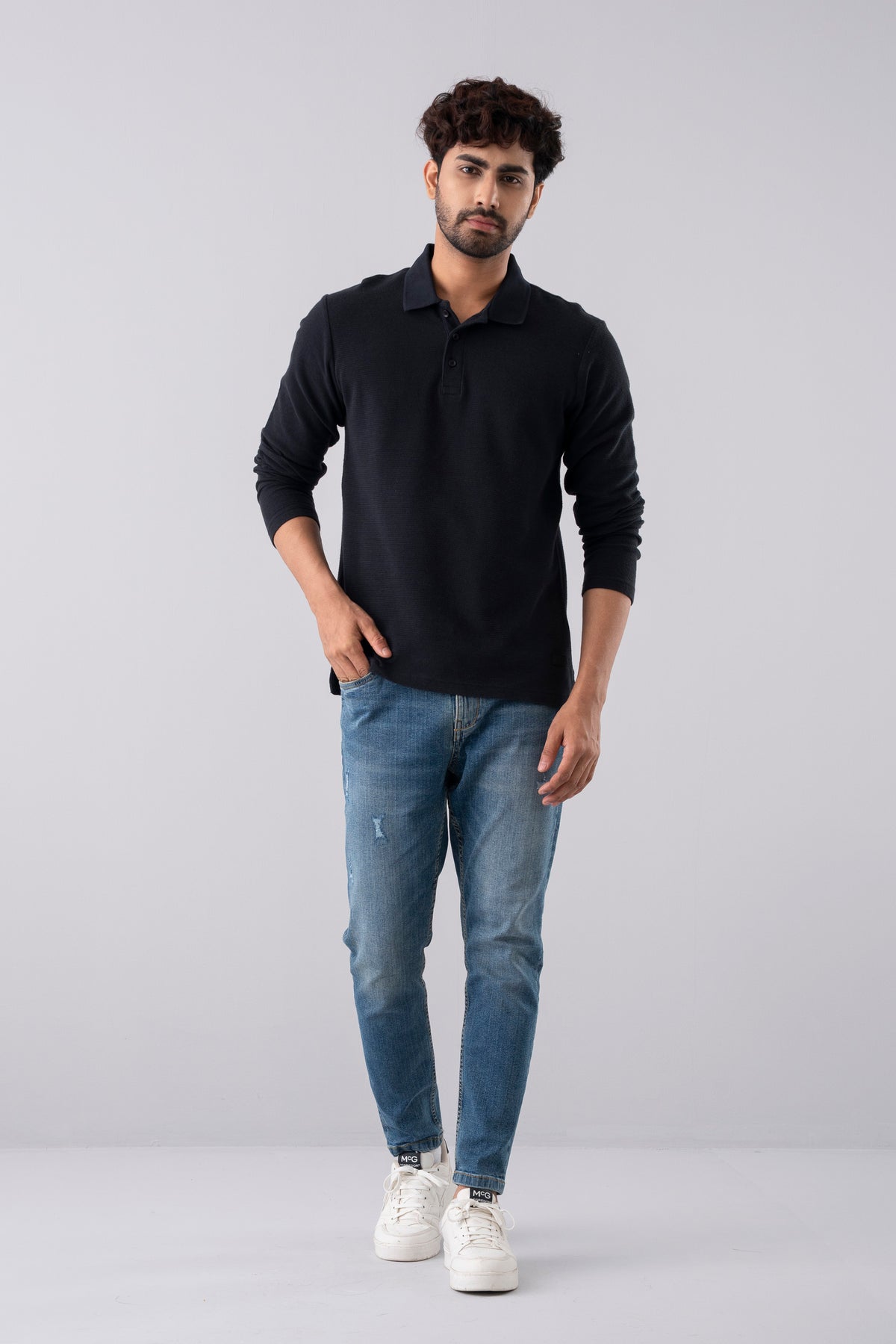 Regular Fit Cotton Design Full Sleeve Polo Shirt