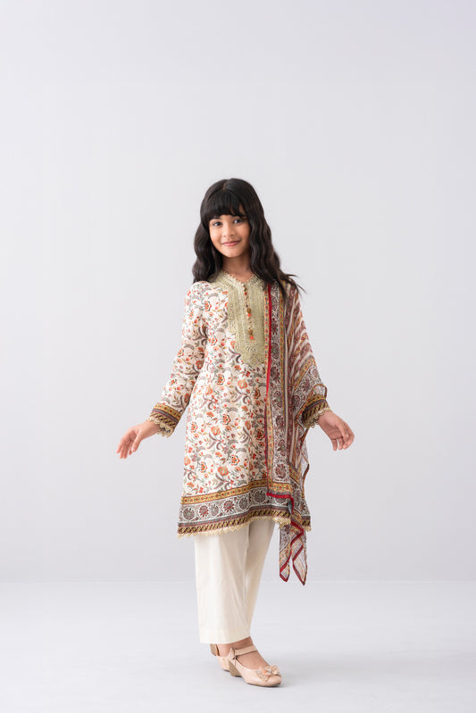 Relaxed Fit Printed Three-Piece Princess Lawn with Chiffon Dupatta (6-8 Years)