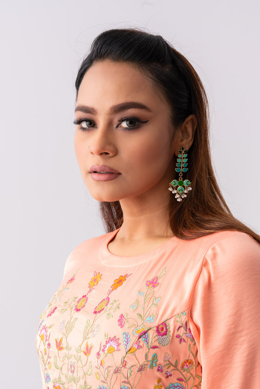 Floral Embroidered Satin Long Dress