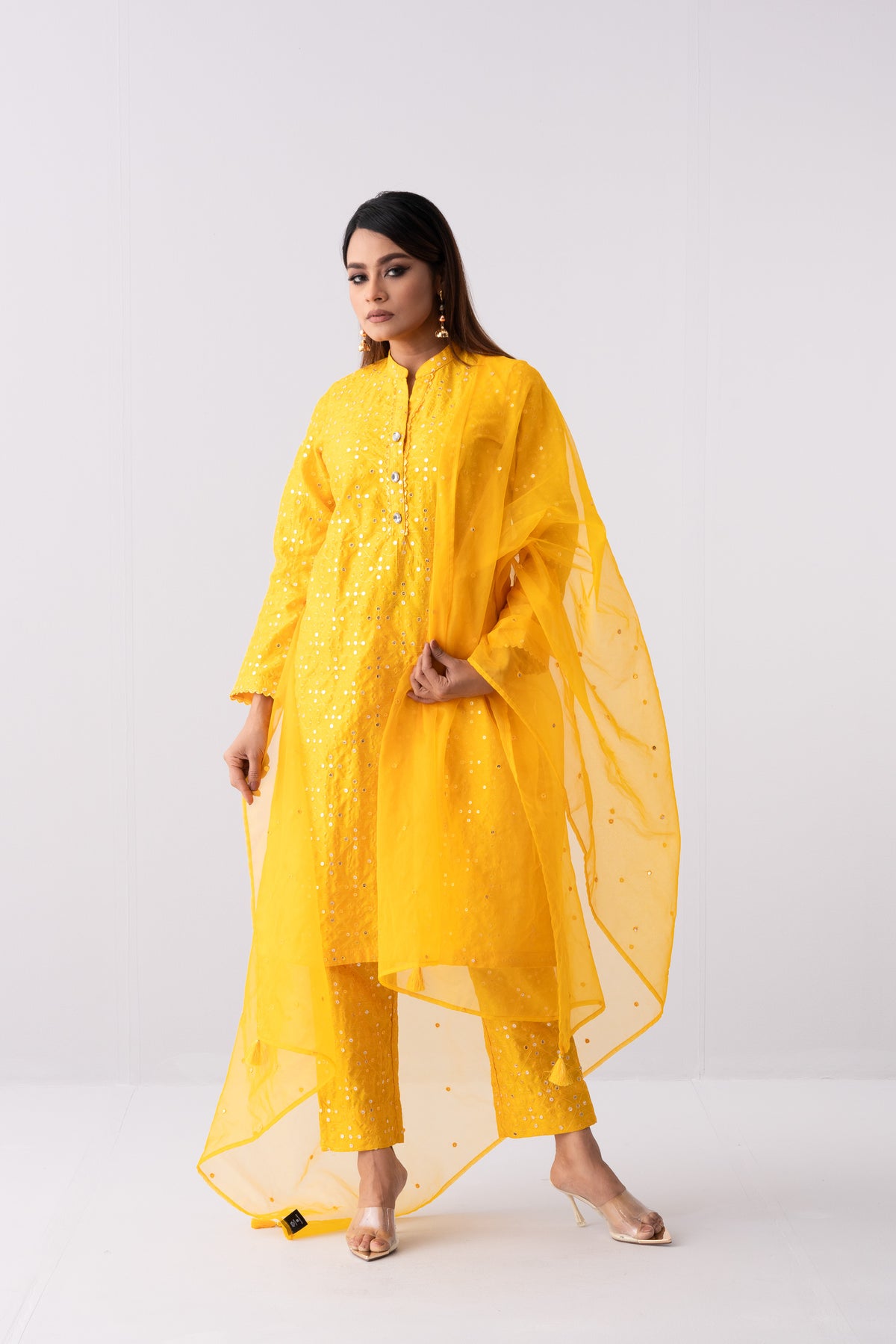 Ready-to-Wear Three-Piece Formal Ethnic Set with Organza Dupatta