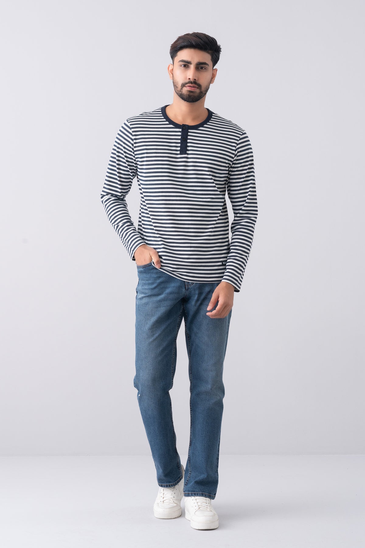 Regular Fit Long Sleeve Striped Henley T-Shirt