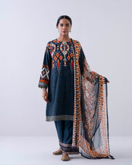 Relaxed-Fit Embroidered Three-Piece Lawn with Chiffon Dupatta
