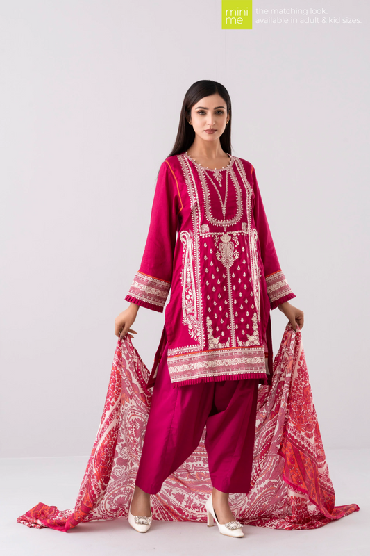 Relaxed Fit Embroidered Three-Piece Lawn with Silk Dupatta